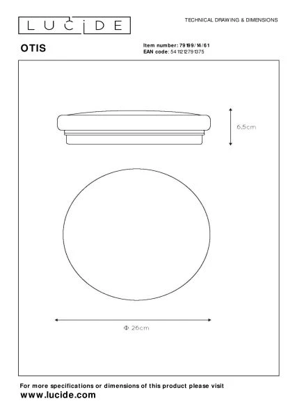 Lucide OTIS - Plafonnière - Ø 26 cm - LED - 1x14W 3000K - Opaal - technisch